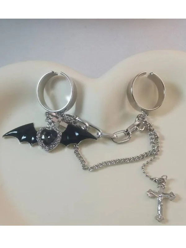 Gothic Dark Cross&Devil Wings Heart Chains Ring