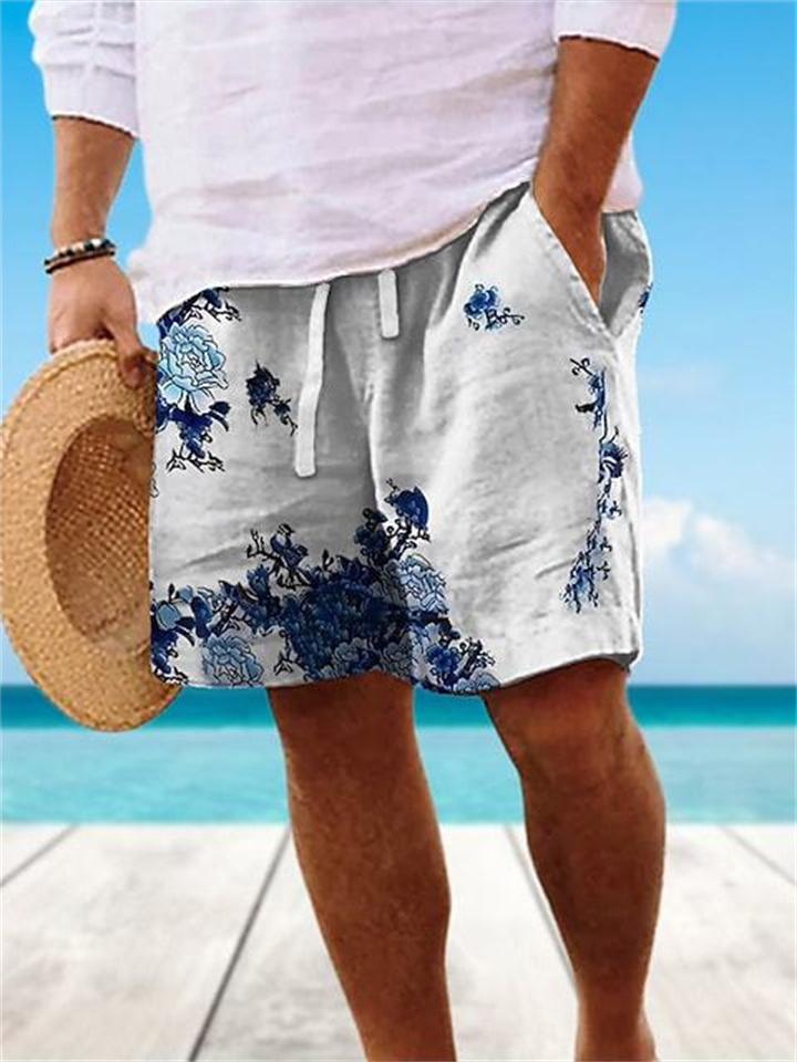 Men's Beach Drawstring Casual Shorts Blue Red Floral Pattern 3D Printed
