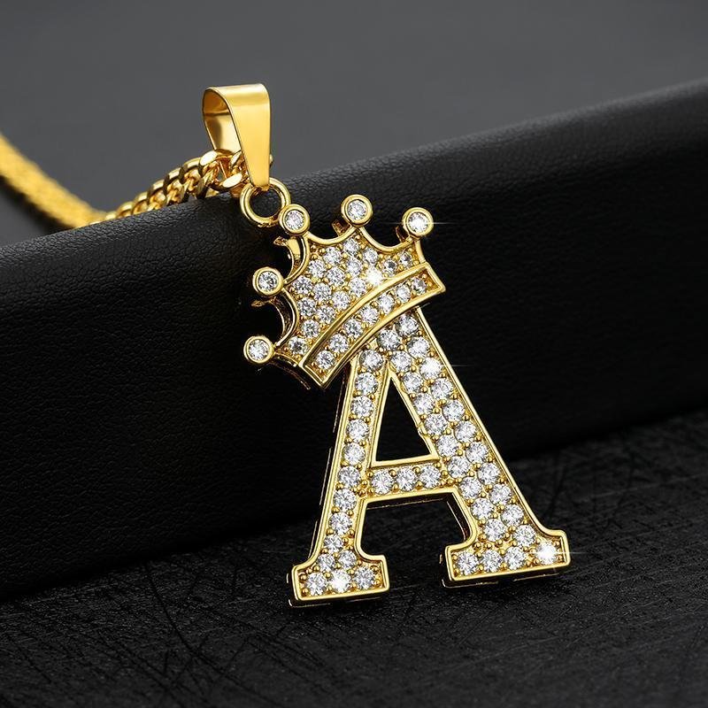 Crystal Zircon Alphabet Pendant Hiphop Necklaces Jewelry-VESSFUL