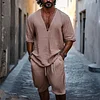 Men's Linen V-neck Comfortable Solid Color Short Sleeve & Shorts Set by Inlyline