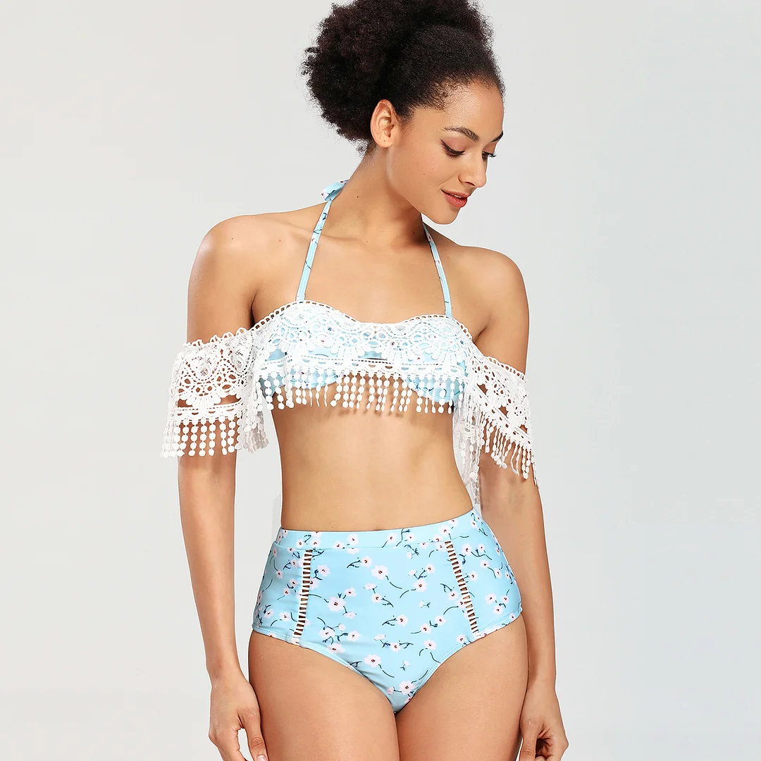 High-rise printed lace swimsuit 2 pieces  set