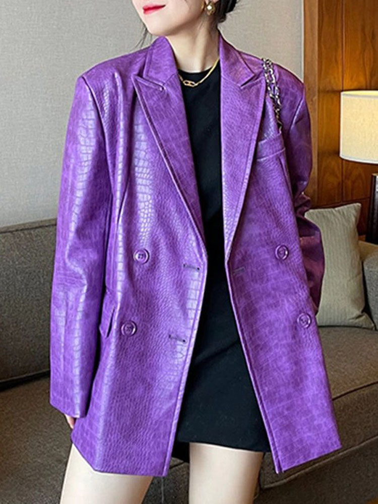 Fashion Oversized Lapel Shiny Crocodile Texture Faux Leather Double Breasted Long Sleeve Blazer