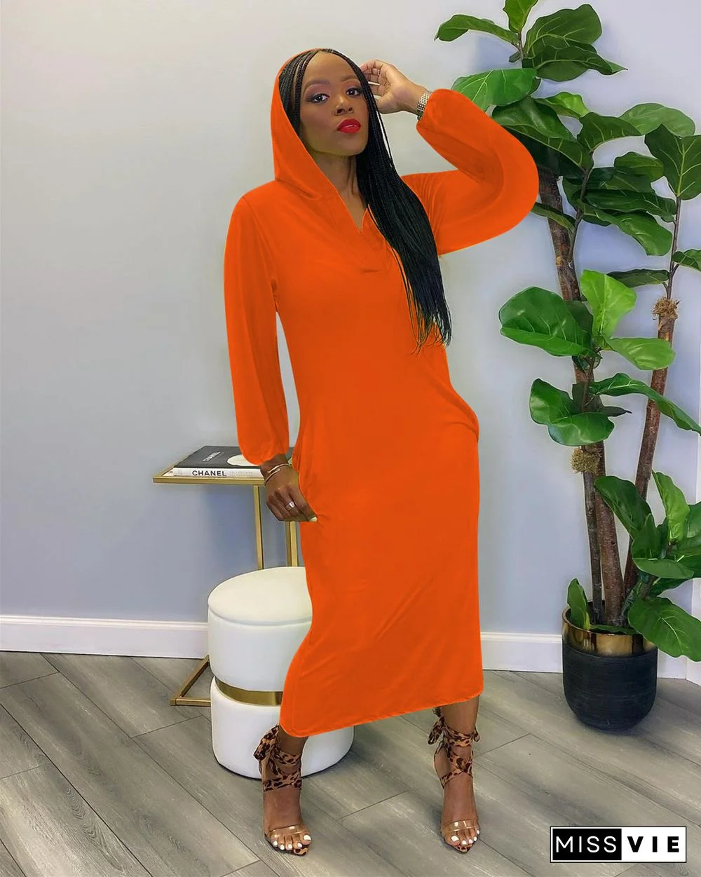 Back Hole Long Sleeve Solid Color Hoodies Maxi Dress