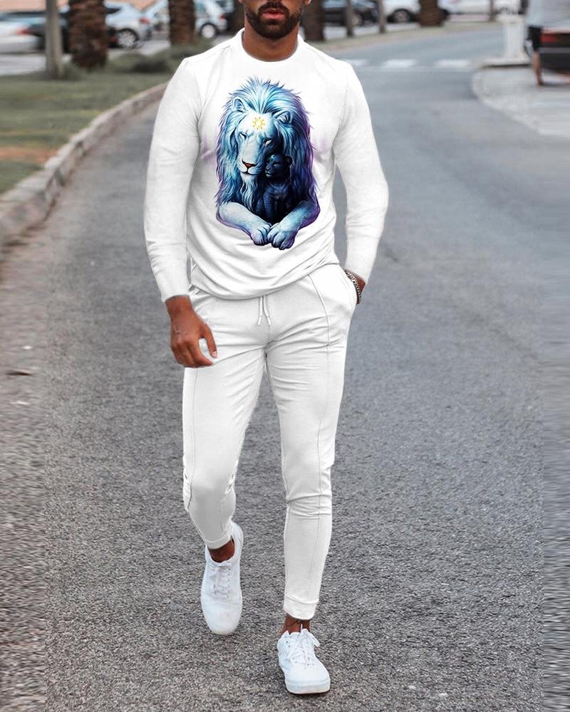 Men's Leisure Sports Lion Print Long Sleeve Suit