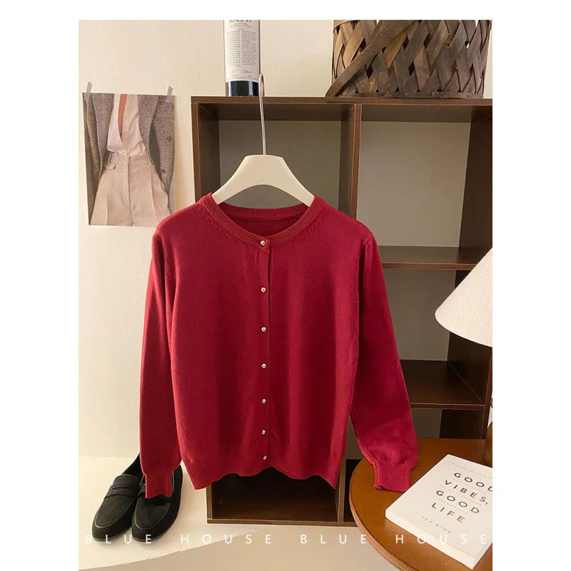 Uveng Uveng Style Gentle Retro Small Gold Button Net Version Long-Sleeved Knitted Shirt Women Autumn Collar Soft Glutinous Sweater Coat