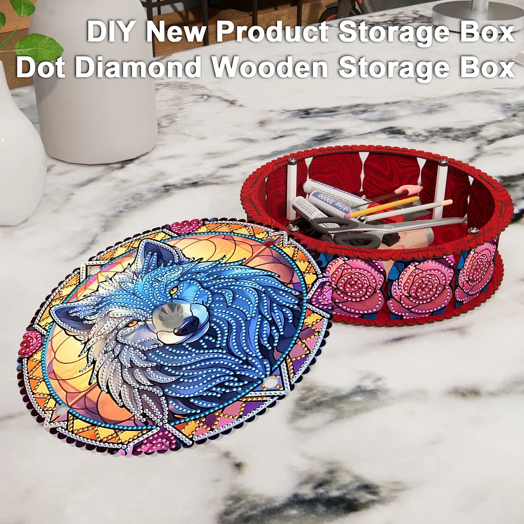 Wolf 5D DIY Diamond Art Painting Snack Box with Lid Home Wood Storage Organizer