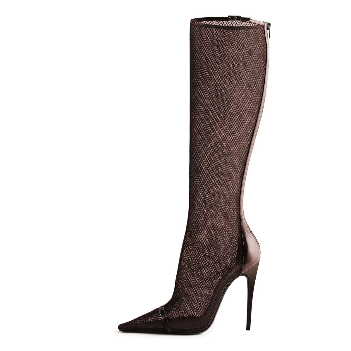 Brown Mesh Pointed Toe Stiletto Heel Buckle Strap Tall Boots for Women Nicepairs