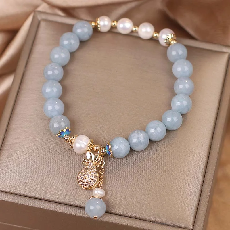 Aquamarine Pearl Fortune Money Bag Charm Bracelet