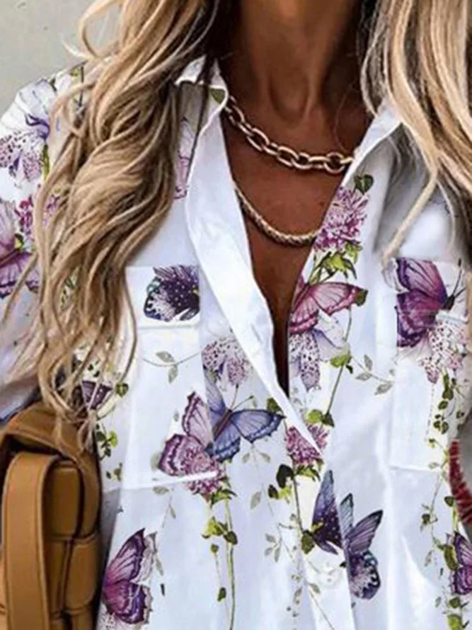 Collar Casual 3/4 Sleeve Floral Shirts & Tops