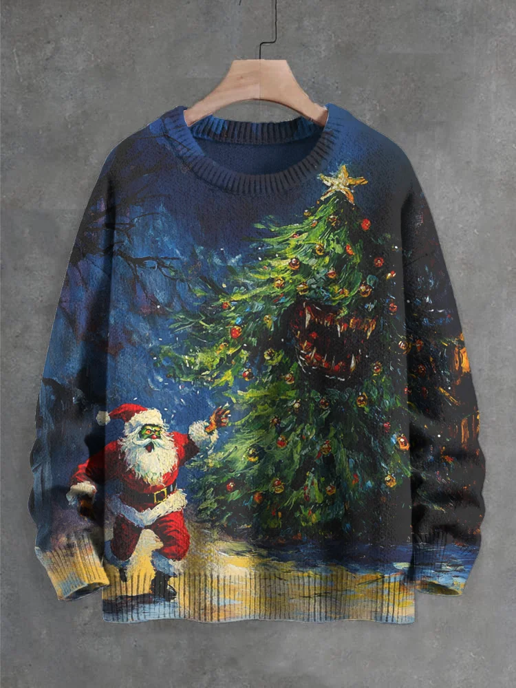 Men's Christmas Tree Monster Chasing Santa Claus Art Print Knit Sweatshirt