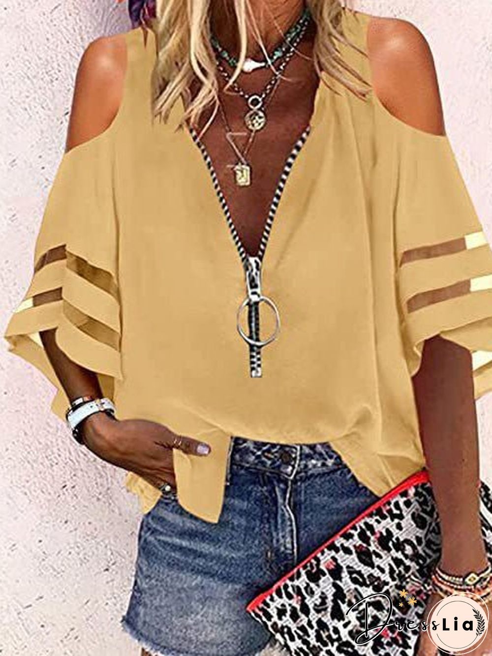 Women'S Blouses V-Neck Zip Flare Sleeves Mesh Panel Casual Blouse