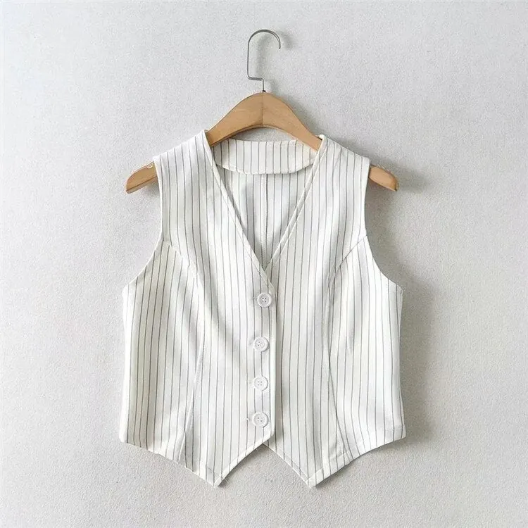 Women's Vest Blazers Striped Crop Tops and Blouses Single Breasted Sleeveless Femme Tanks Vintage Slim V neck Fashion Spring trf
