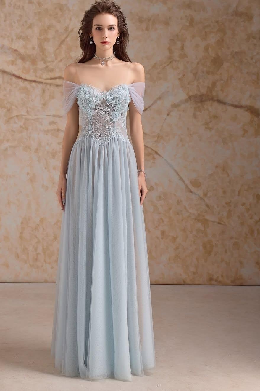 Lussooy Tulle Off the Shoulder Sleeveless Evening Dress With Appliques 