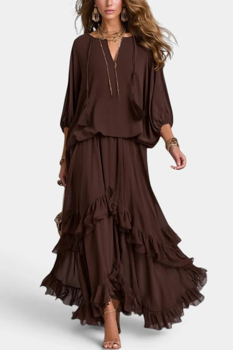 Bohemian V-Neck Blouse with Tiered Ruffle Skirt Set