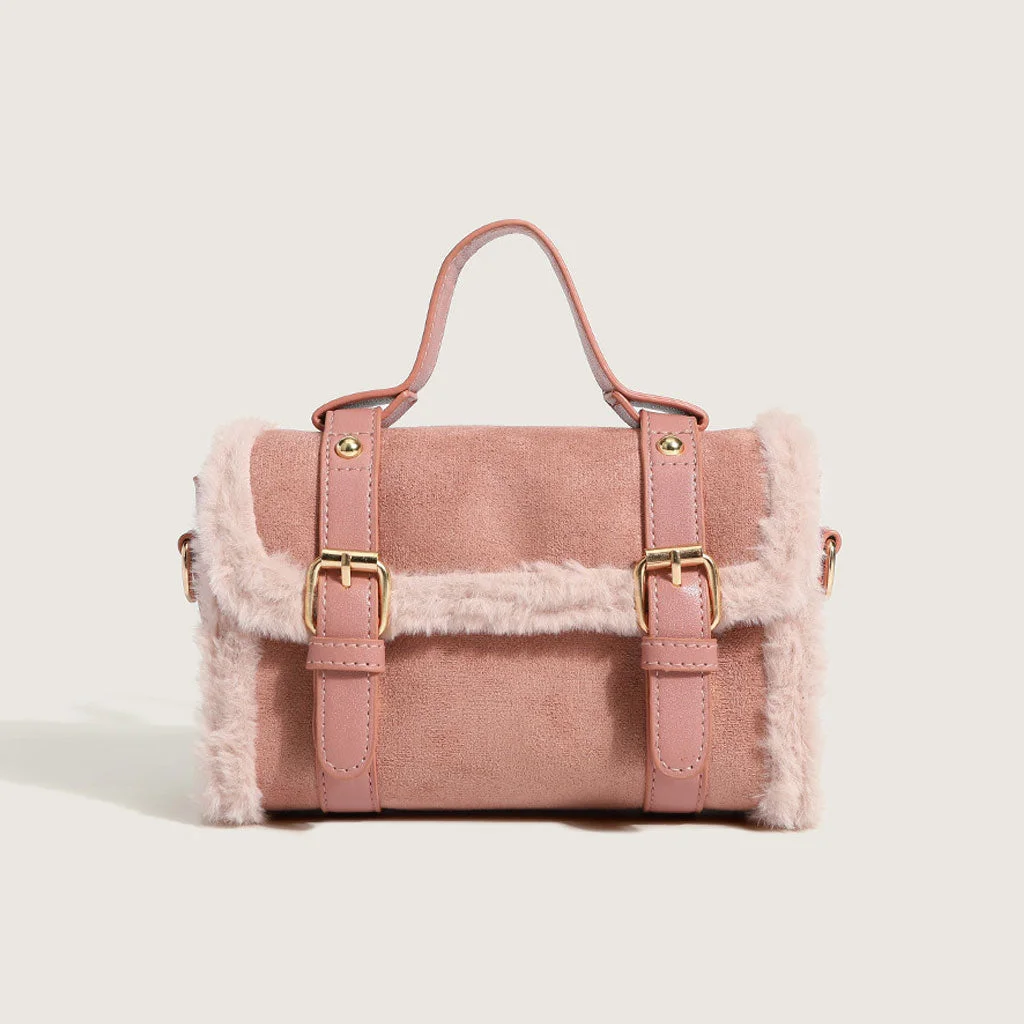 Modern Golden Fluffy Trim Twin Buckled Flap Front Tote Bag - Pink