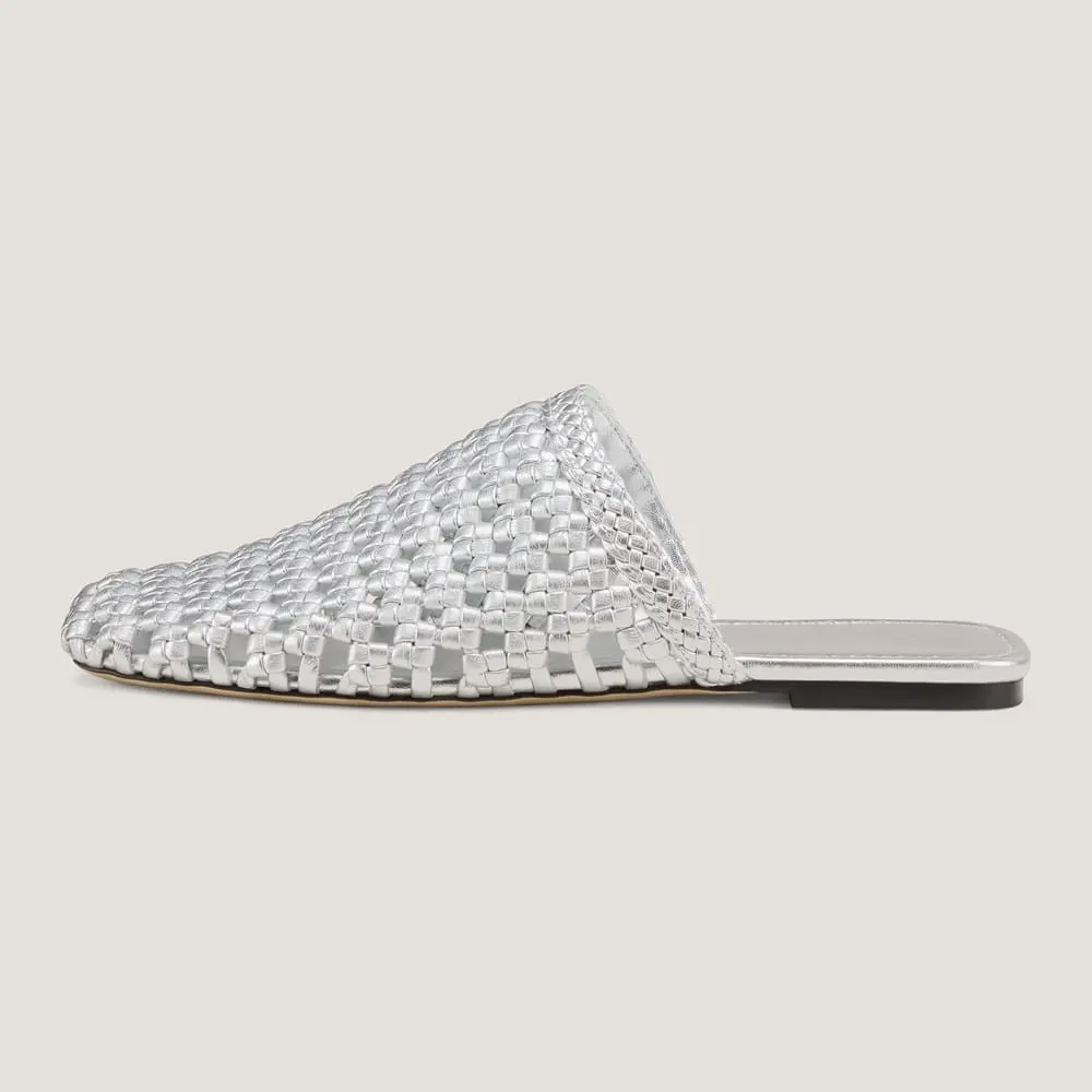 Silver Woven Square Toe Slip On Flat Mule Shoes for Women