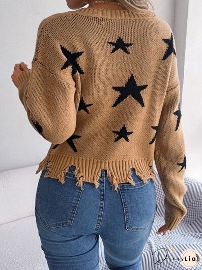 Star Pattern Distressed V-Neck Cropped Sweater