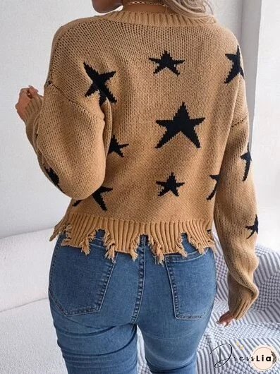 Star Pattern Distressed V-Neck Cropped Sweater