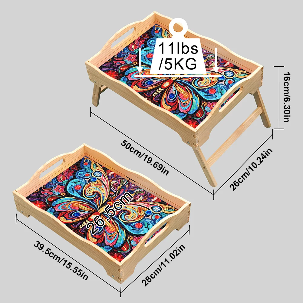 DIY Butterfly Wooden Diamond Painting Dinning Table Tray with Handle for Serving Food