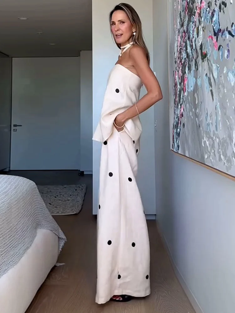 Women Chic Dot Print Wrapped Chest Strapless Tops Set Fashion Back Slit Zipper Top Wide Leg Pants Suit Two pieces Sets