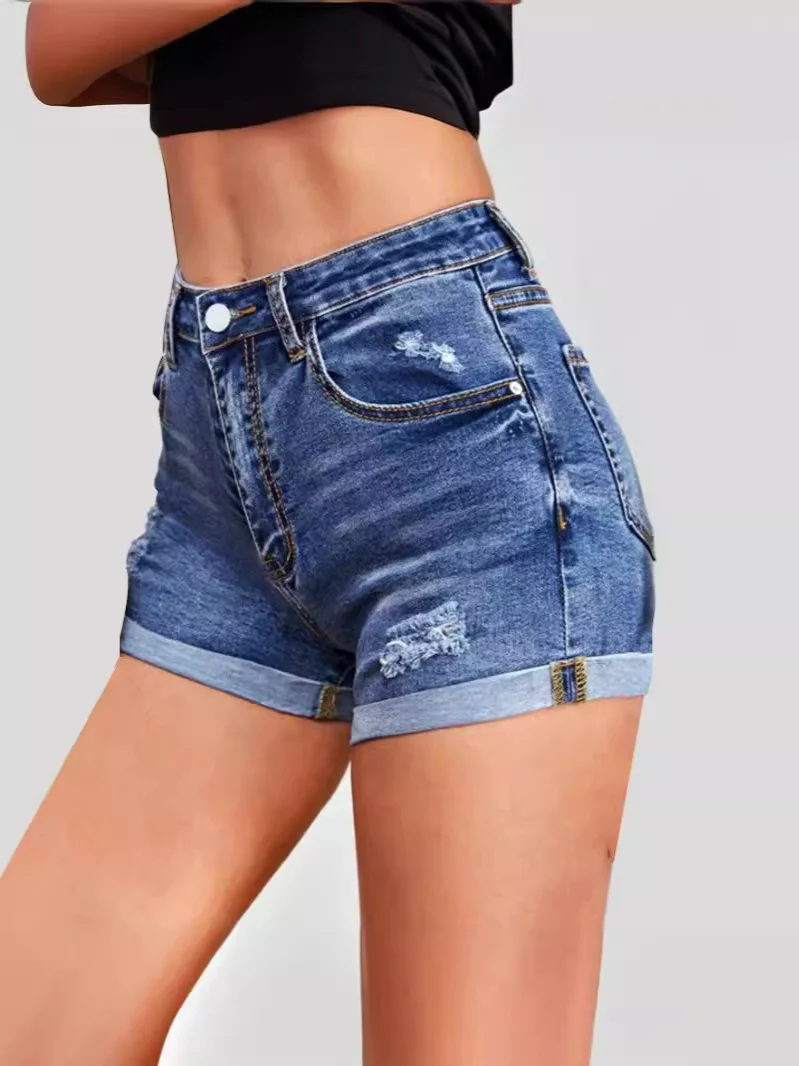 Woherb Broken Hole Flip Edge Stretch Denim Shorts Woman-Outfit Ideas
