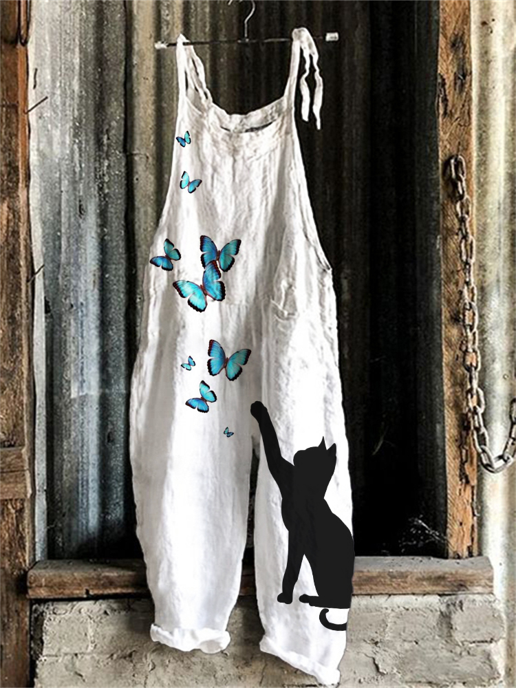 Cat & Butterflies Art Graphic Loose Fit Jumpsuit wearshes