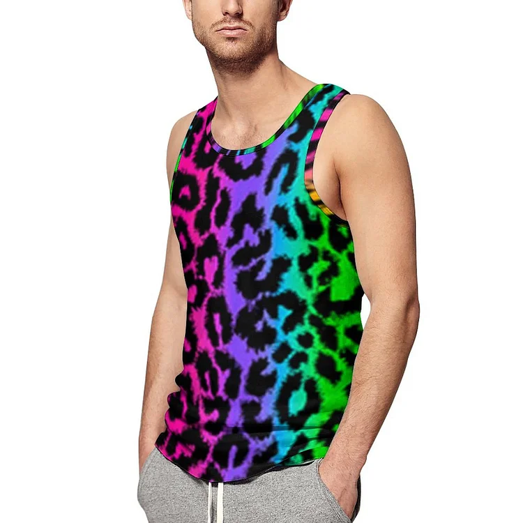 S-5XL Psychedelic Rainbow Leopard Animal Print Classic Muscle Tee Mens Sleeveless Gym Workout Shirt Hola Beach Hawaiian Tank Tops - Heather Prints Shirts