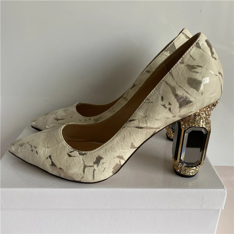 VCSHOES Smokey-pink Paint Color Crystal Heel Women Pumps Pointed Toe Genuine Leather High Heel Rhinestone Dress Shoes Woman