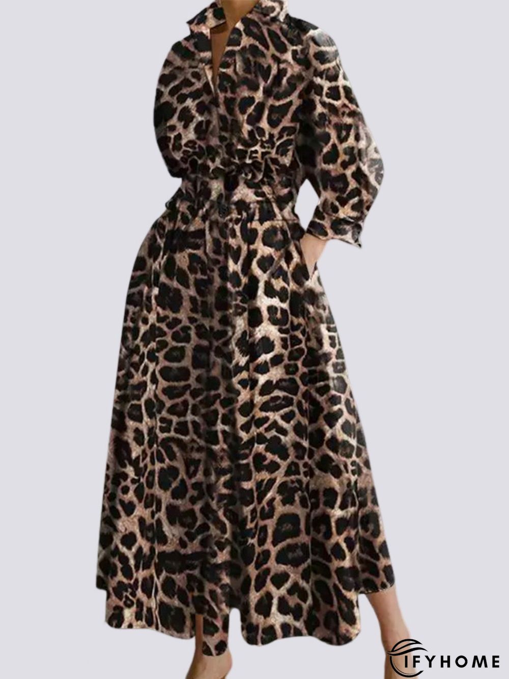 Daily Long sleeve Shirt Collar Urban Leopard Dress | IFYHOME