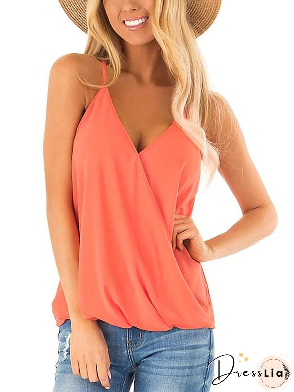 Basic Women's V Neck Halter Top Shirts Sleeveless Spaghetti Strap Solid Colored Wrap Soft Comfortable Simple Basic Female Daily Summer Tank