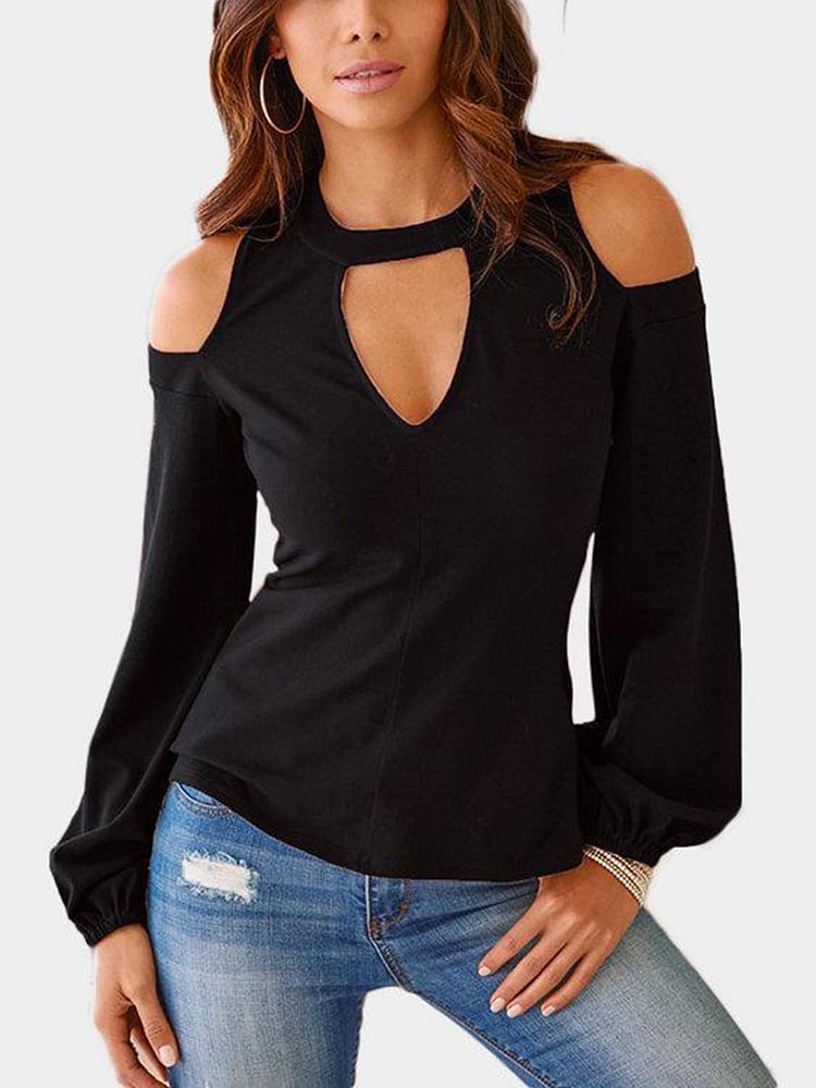 Black Cut Out Cold Shoulder Long Sleeves Top