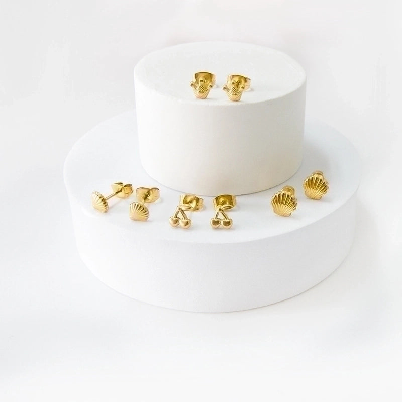 Retro Cherry Crown Shell Stainless Steel Plating Ear Studs 1 Pair