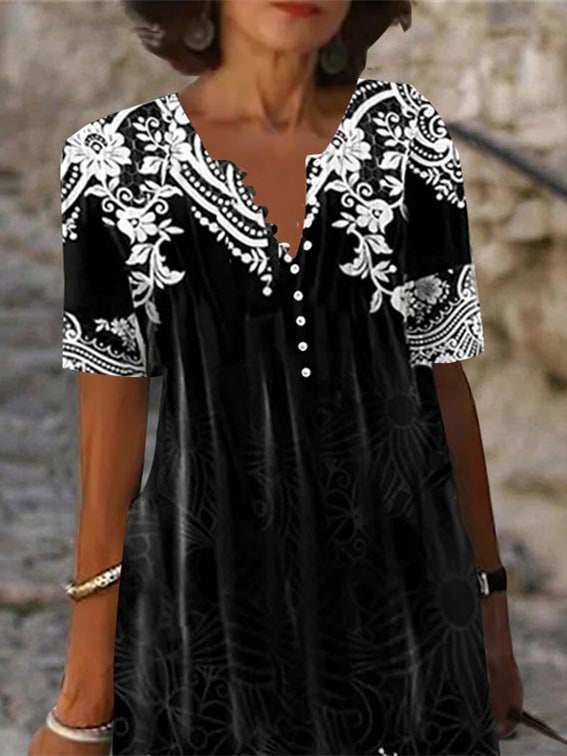 Women Half Sleeve V-neck Solid Color Dress