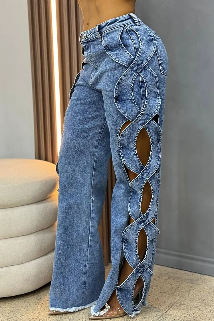Denim Side Cutout Crossover Design Straight Leg Jeans-Blue