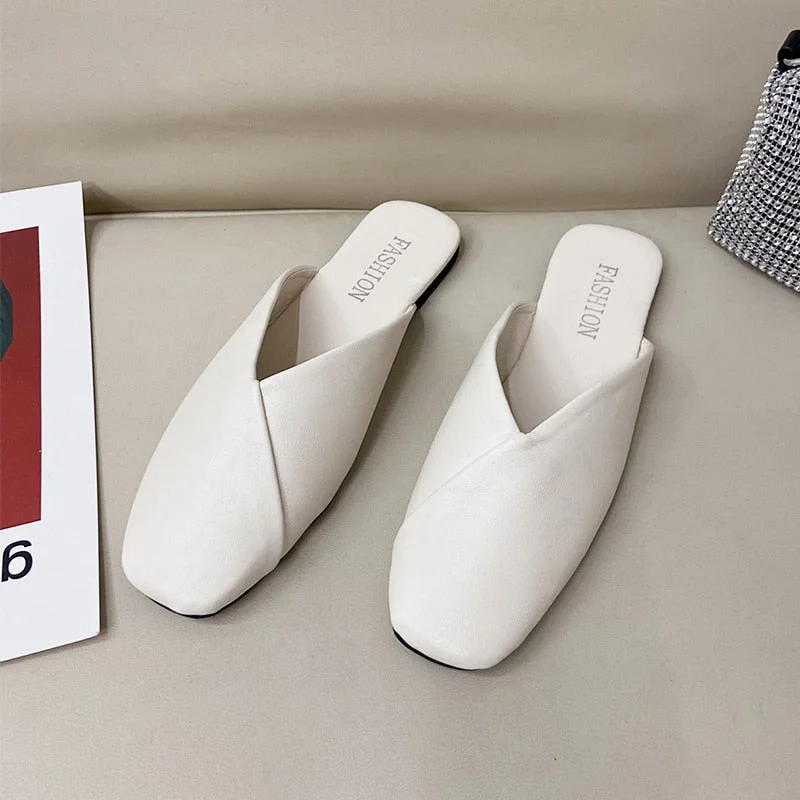 Women Mules 2021 Summer Elegant Square Closed Toe Flat Slippers Female Shoes Casual Leather Black White Slides Plus Size 35-43