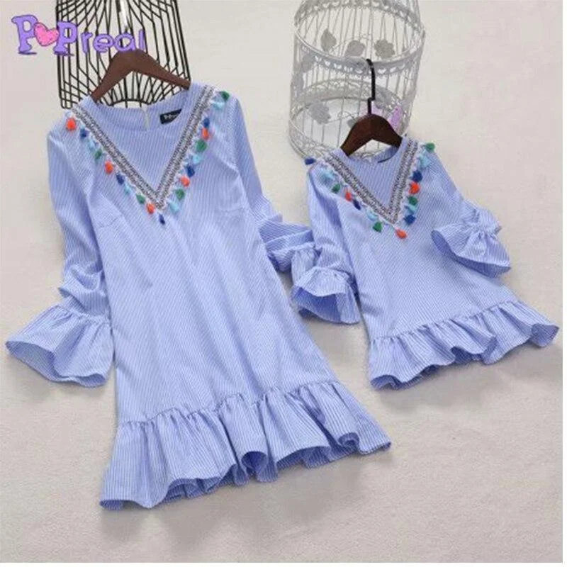 Newborn Baby Girl Family Matching Clothes Mom And Daughter Dress Nine Quarter Stripe Tassel Mini Mother And Daughter Outfits