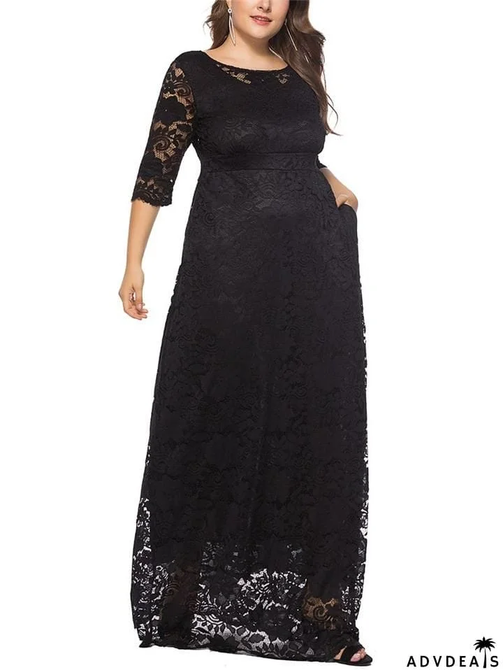 Women's Elegant Plus Size Floral Lace Maxi Pocket Dress for Evening Party