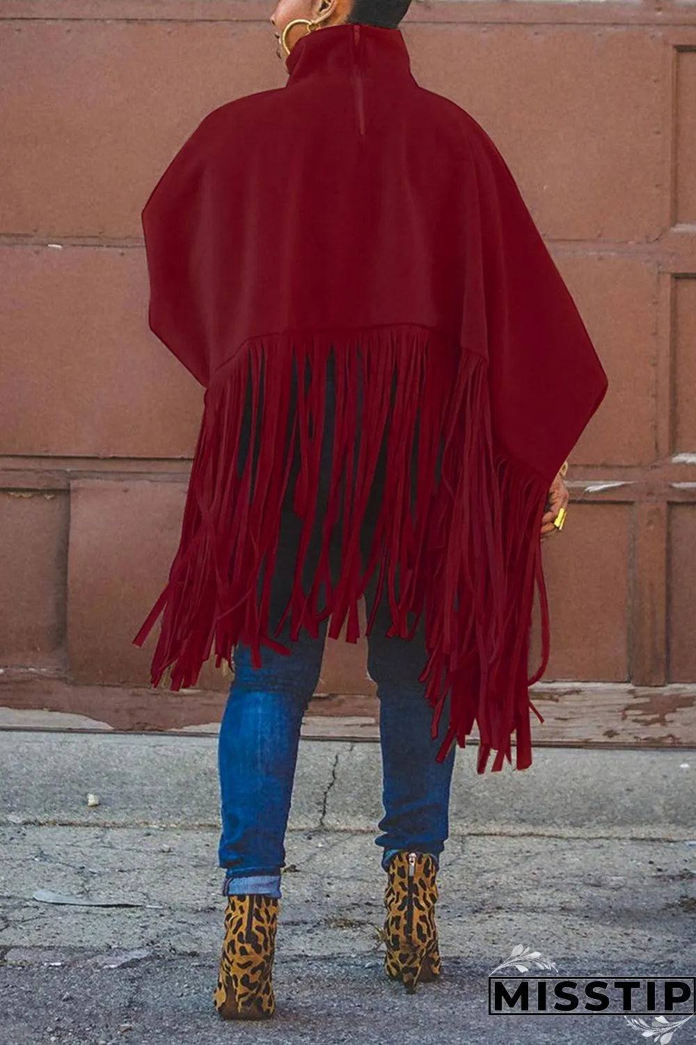 Burgundy Fashion Vintage Solid Tassel Turtleneck Plus Size Overcoat