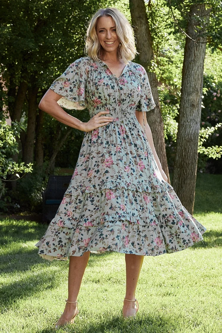 Boho Floral Midi Dress - Sage and Pink Floral