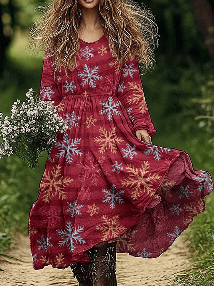 Womens Christmas Tree Pattern Cotton and Linen Dress