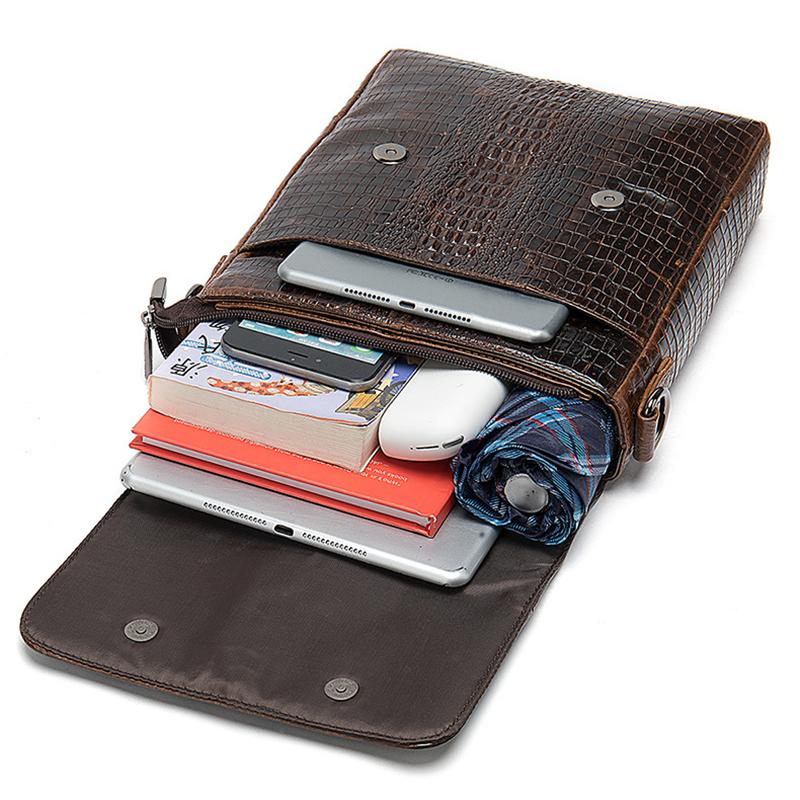 Foldover Top Detachable Sling Strap Crocodile Textured Genuine Leather Messenger Bag