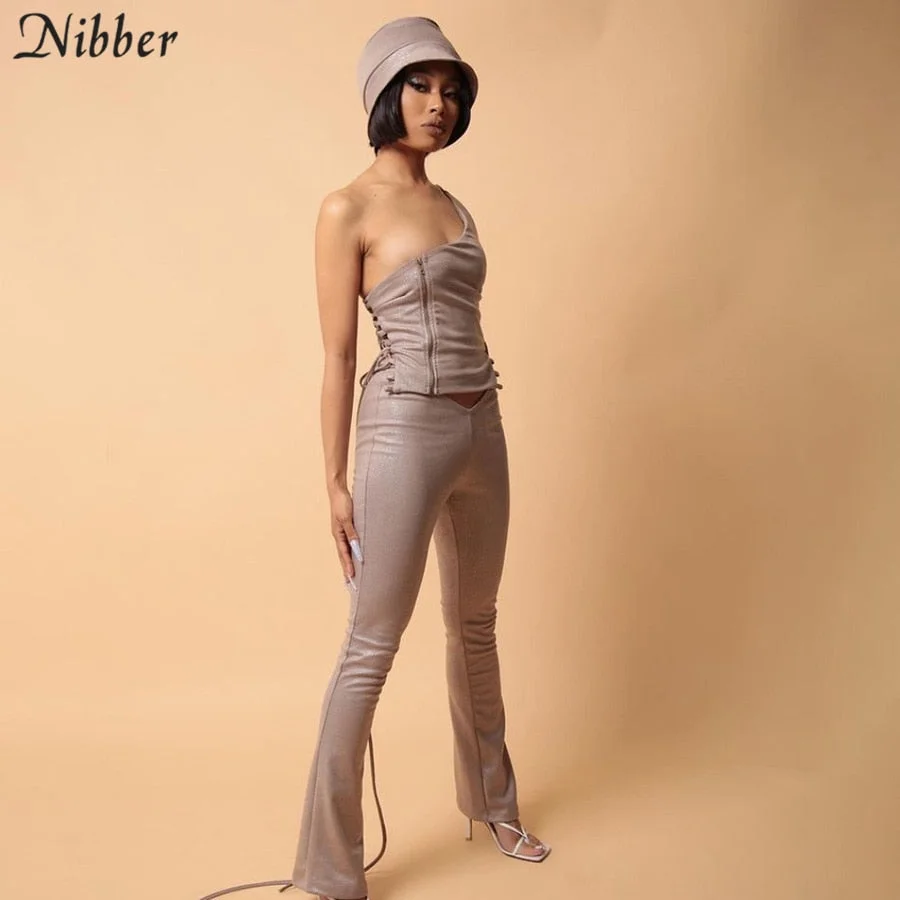 Nibber Unique Faux Leather Y2k Punk 2 Two Piece Sets For Women 2021 Sexy Backless Crop Tops Pants Casual Clothing Outfit Mujer
