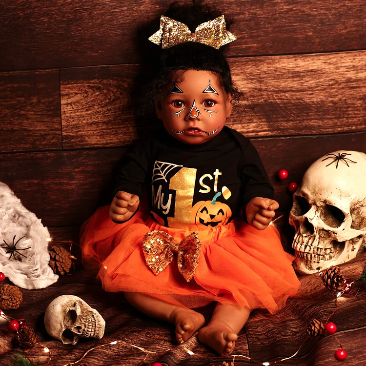 Babeside 20" Reborn Baby Halloween Doll African American Girl Saria with Black Gauze Dress