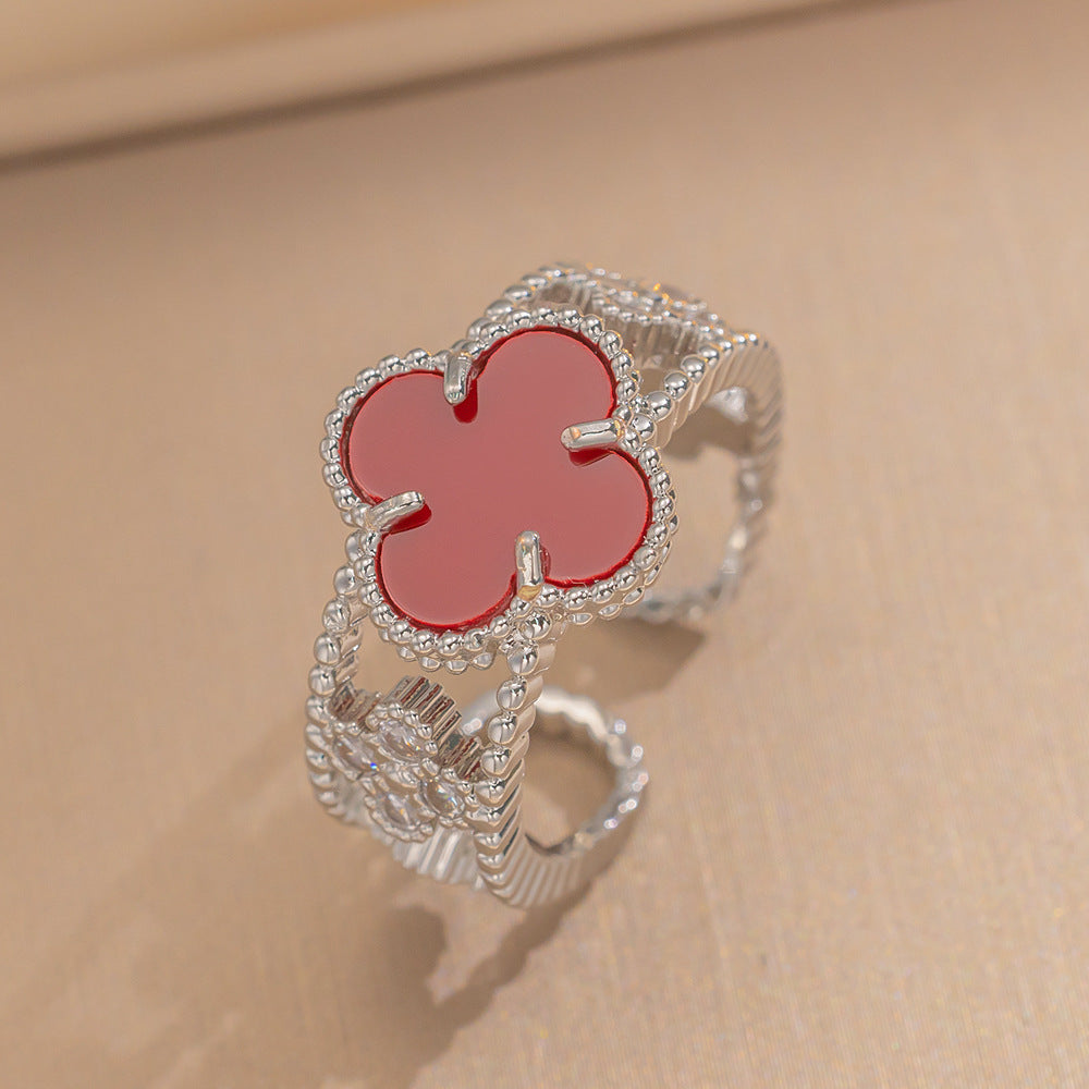 Ring Niche Four-Leaf Clover Zircon Ring Female Retro Open Adjustable Ring