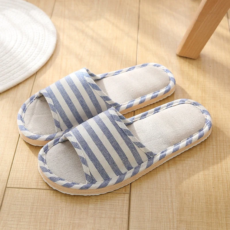 Linen Indoor Slippers Four Seasons Striped Cotton Slippers Couples Absorbing Sweat Soft Bottom Home Wood Floor Sandals