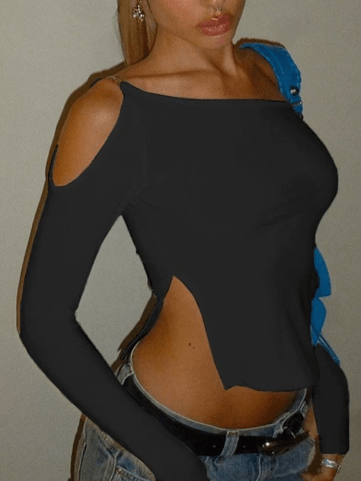 Split Cold Shoulder Long Sleeve Crop Top