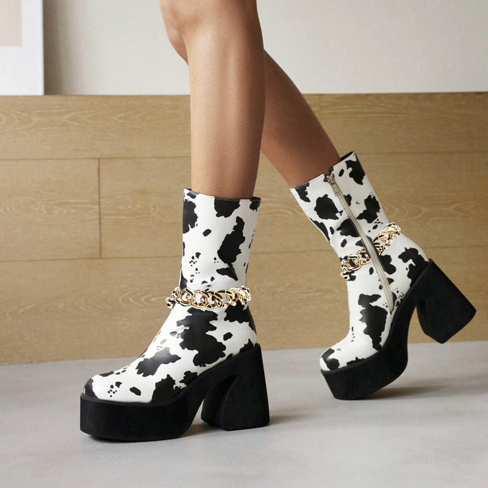 White and Black Cow Print Round Toe Platform Boots with Metal Chain Nicepairs