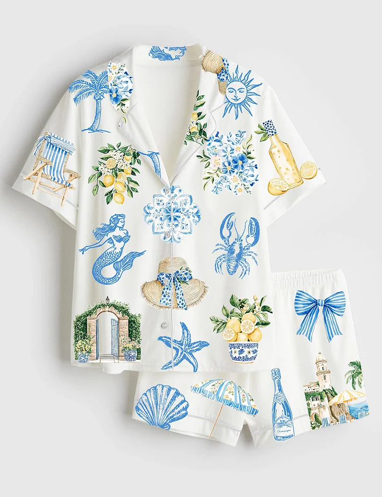 Women&rsquo;s Watercolor Whimsical Watercolor Amalfi Coast Preppy Italian Summer Mediterranean Lemon Cocktail Print Short Sleeve Satin Pajama Set
