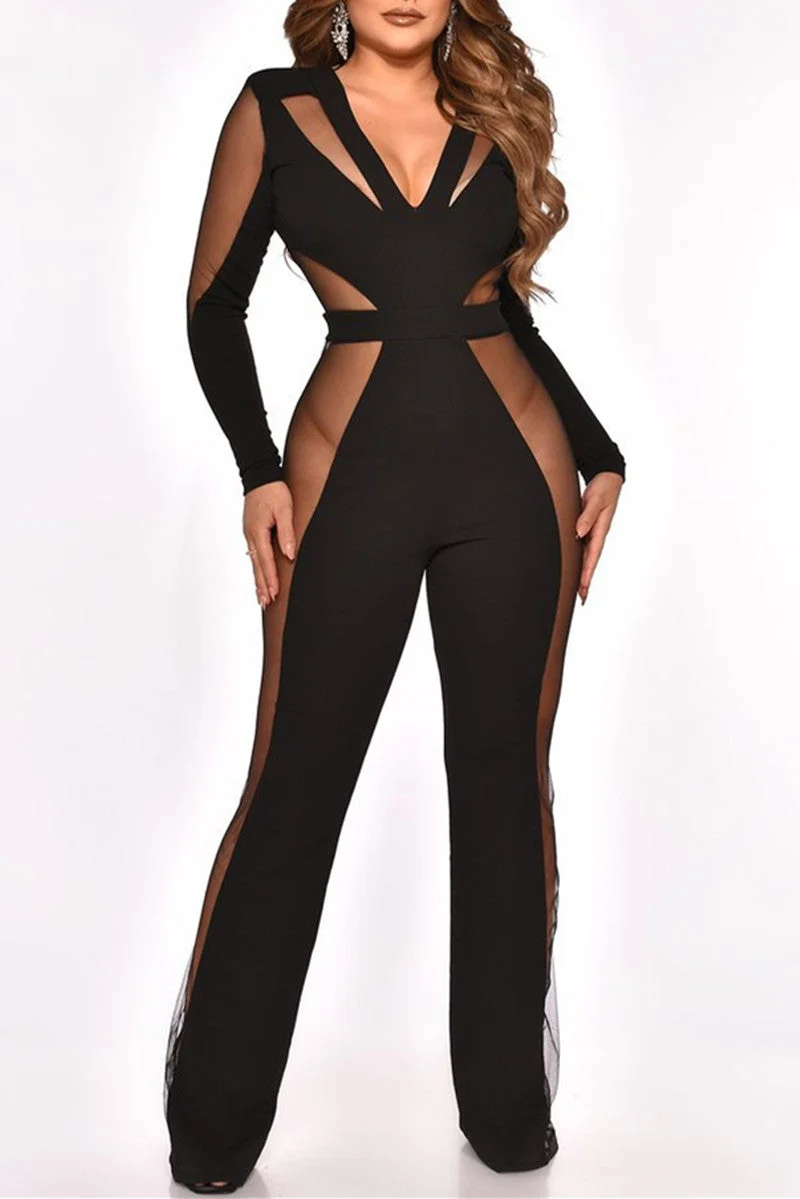Fashion Sexy Patchwork See-through V Neck Regular Jumpsuits