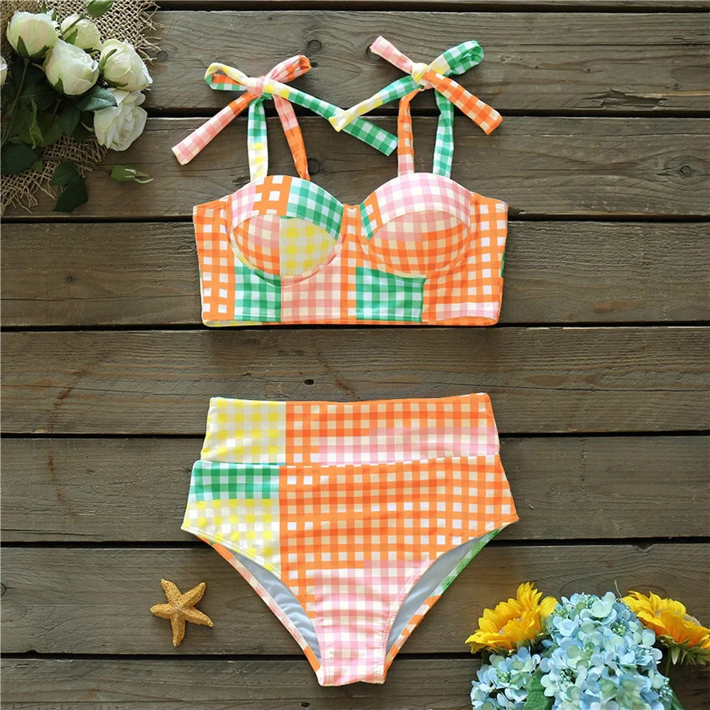 2021 Sexy Colorful Plaid Bikini Set High Waist Swimwear Shoulder Strappy Bathing Suit Beachwear Biquini female